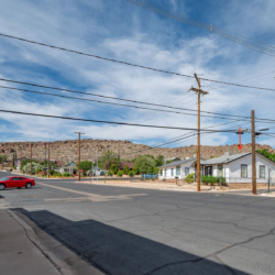 The street outside, with the hills around Kingman