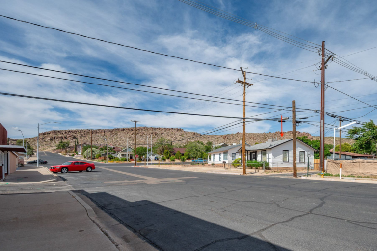 The street outside, with the hills around Kingman